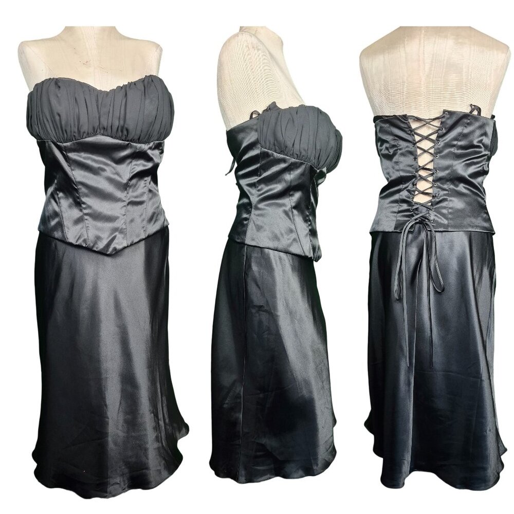 Frederick's of Hollywood Black Satin Laced Corset Bustier Sheath Dress Size 16